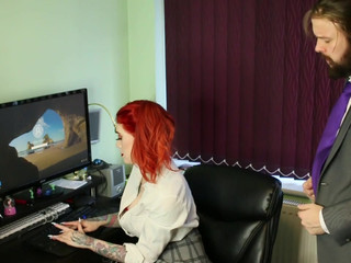 Office busty female fucks point with a strap-on